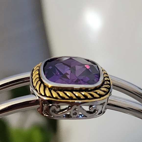 Silver Open Cuff Bracelet with Amerhyst Purple Crystal Stone - Picture 5 of 11